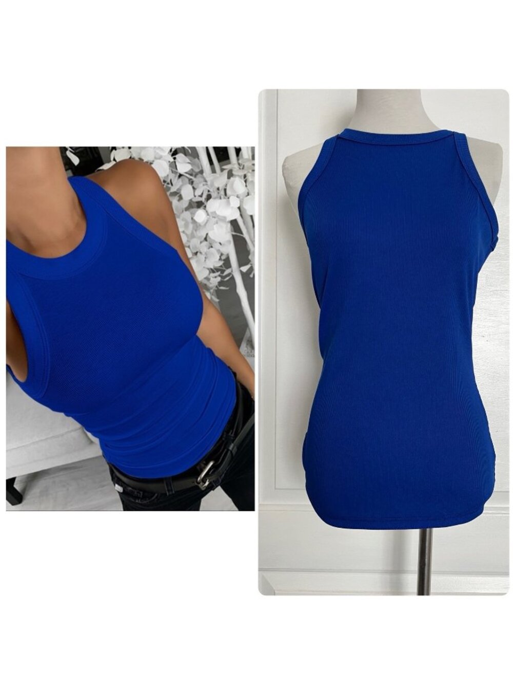 Los Angeles Boutique Casual Stretch Sleeveless Tank Top High Neck Blue Ribbed M